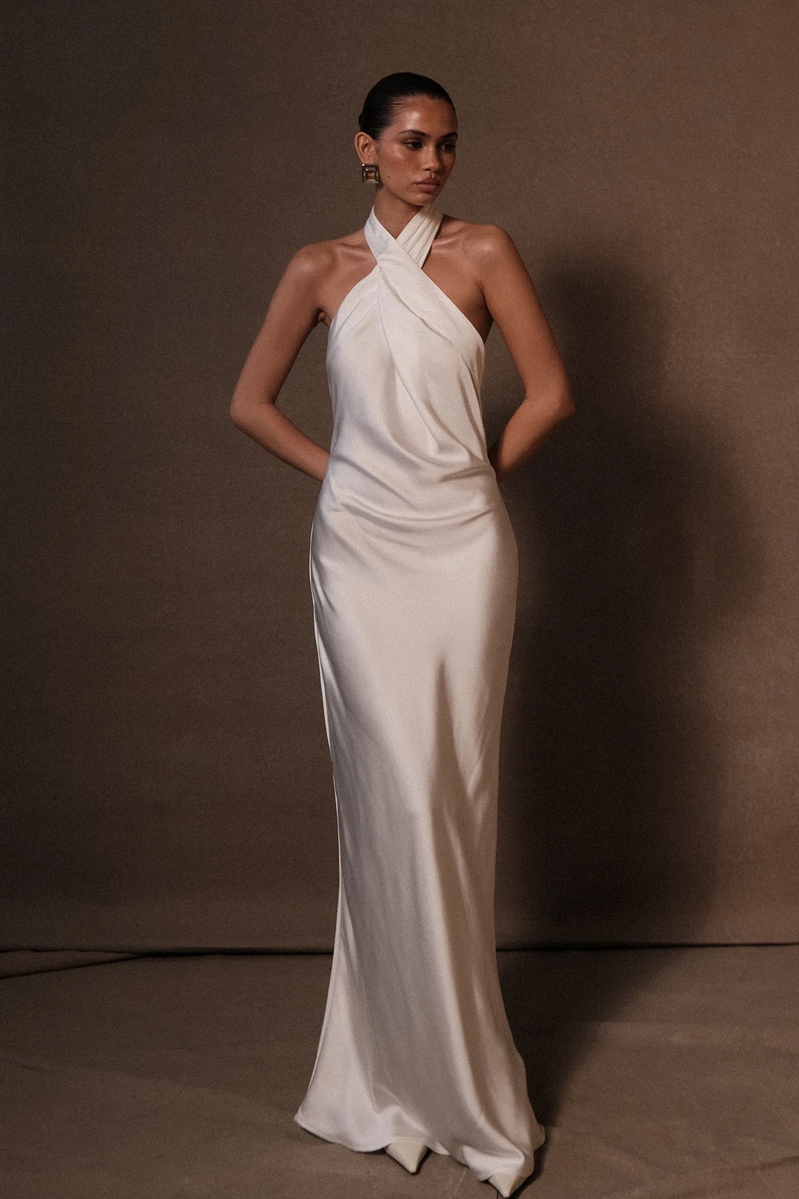 Laura Halter Satin Gown - White | Meshki UK