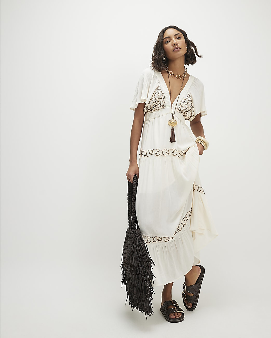 Cream Beaded Maxi Dress | River Island UK & IE