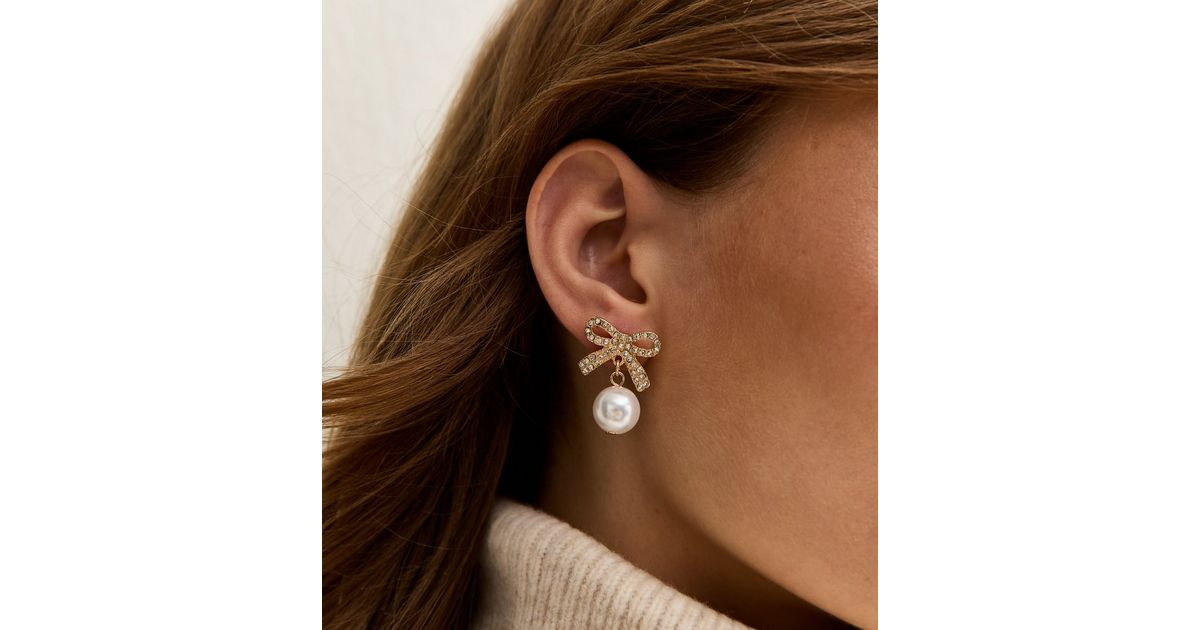 Gold Tone Diamante Faux Pearl Drop Bow Stud Earrings | New Look | New Look (UK)