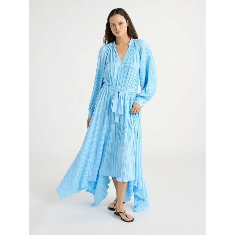Scoop Women’s and Women's Plus Pleated Handkerchief Hem Dress with Long Sleeves, Sizes XS-4X | Walmart (US)