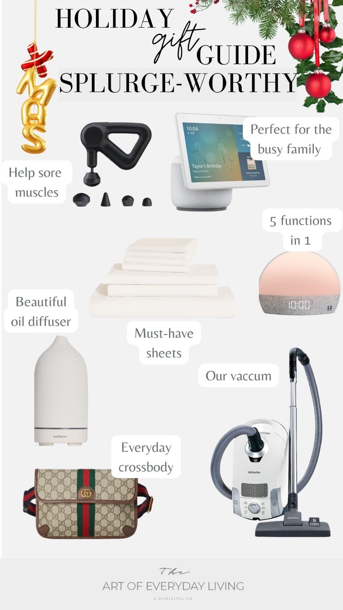Holiday Gift Guide Splurge-Worthy Gifts
massager
sheets
vacuum
diffuser 
Echo Show
Alarm, Night Light, Sound Machine 

#LTKHoliday #LTKHolidaySale #LTKGiftGuide