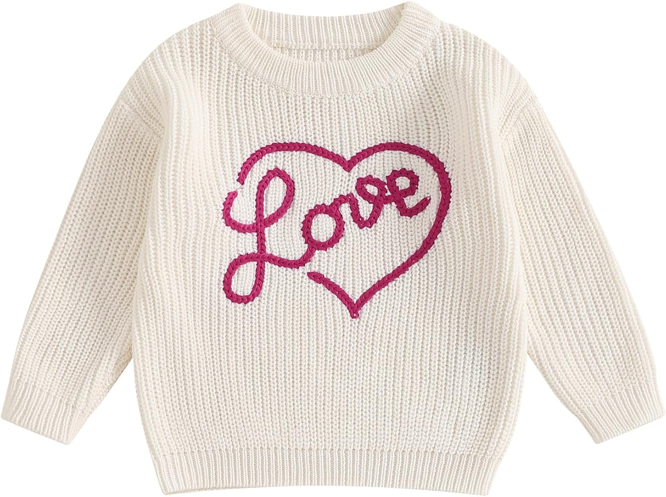 Baby Girl Cute Long Sleeve Heart Flowers Embroidery Oversized Sweater Toddler Valentine Outfit | Amazon (US)