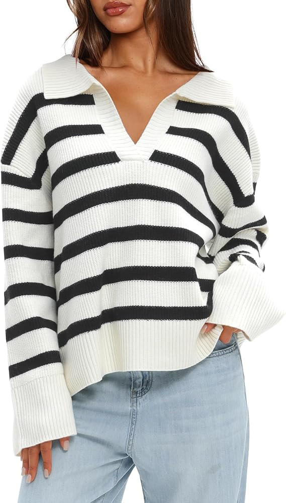 Darong Women's Casual Striped Pullover Sweater Long Sleeve Polo V Neck Loose Fit Knitwear Jumper ... | Amazon (US)