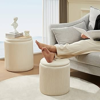 Round Ottoman with Storage Set of 2 Upholstered Velvet Vanity Stool for Makeup Lines Support 300l... | Amazon (US)