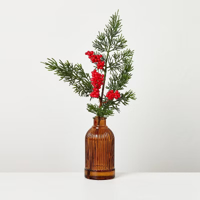 13.5" Small Cypress and Red Berry in Ribbed Amber Vase Artificial Arrangement - Hearth & Hand™ ... | Target