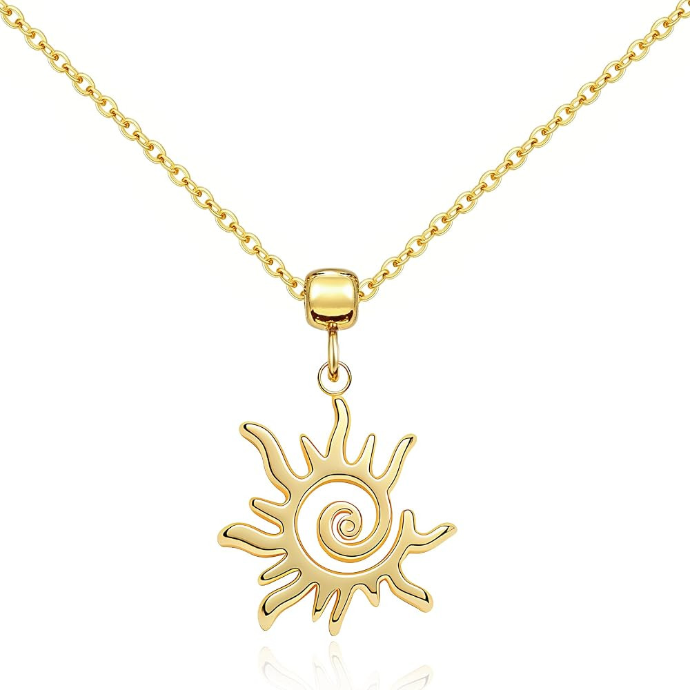 Gold Cubic Zirconia Sunburst Pendant Necklace Non Tanish, 14k Small Sun Coin Pendant Necklace for... | Amazon (US)