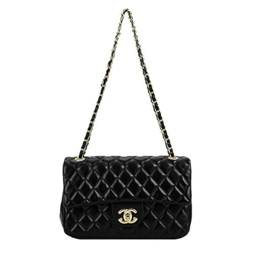 Classic Quilted Flap Bag, Leather Crossbody Purse with Gold Chain Strap, 9.8 x 5.9 inches, Diamond chain bag (Black) | Amazon (US)
