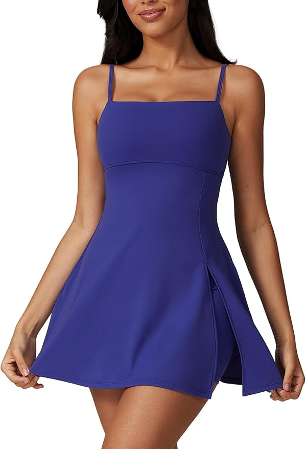 ABOCIW Womens Square Neck Tennis Dress with Shorts Spaghetti Strap Backless Workout Side Slit Ath... | Amazon (US)