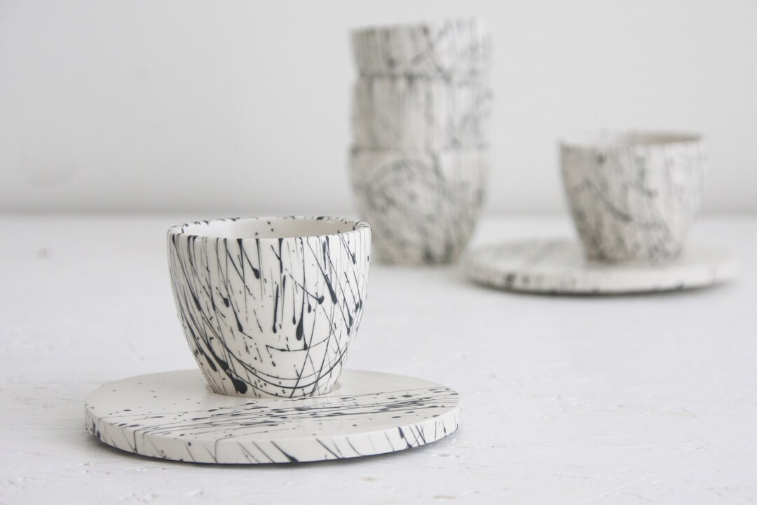 Espresso Cup With Saucer in White & Black Lines.unique Coffee Mug,modern Espresso Cups,unique Chr... | Etsy (US)