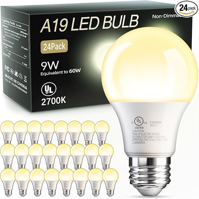 TJOY 24 Pack A19 LED Light Bulbs Soft Warm White 2700K, 60 Watt Equivalent, Efficient 9W, E26 Sta... | Amazon (US)