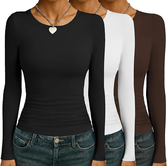 Ekouaer Womens 3 Pack Long Sleeve Shirts Ruched Side Fitted Undershirts Round Neck Underscrubs Th... | Amazon (US)