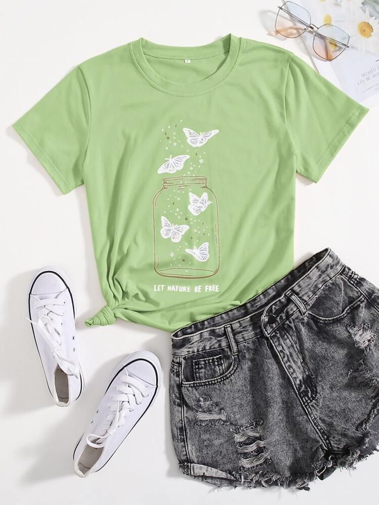 Butterfly And Slogan Graphic Tee | SHEIN