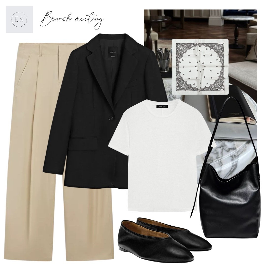 Smart casual Spring outfit. 

Black linen blazer, white linen t-shirt, white and black paisley scarf, black leather bucket bag, black leather ballet flats, beige wide leg cotton trousers. 

#LTKspring #LTKuk #LTKworkwear