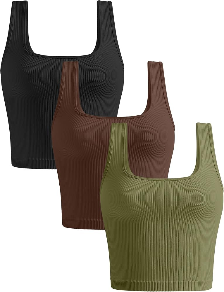 KIKIMINK Womens Crop Tank Tops 3 Pack Seamless Ribbed Sleeveless Square Neck Workout Yoga Gym Shi... | Amazon (US)
