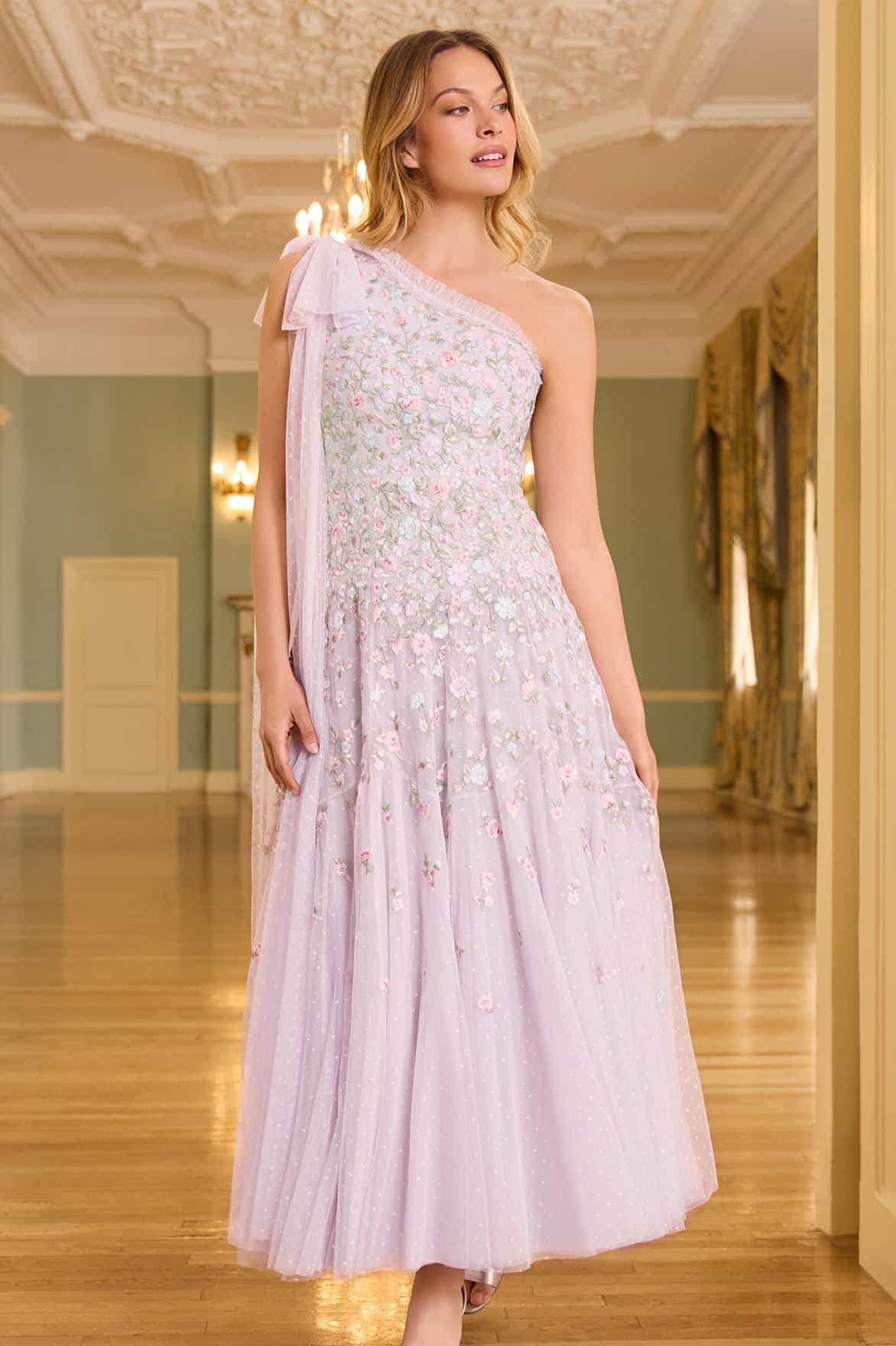 Sylvia Rose One-Shoulder Bow Ankle Gown | Needle & Thread