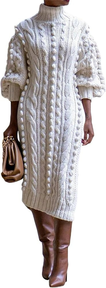 Women Puff Long Sleeve Turtleneck Maxi Sweater Dress Casual Popcorn Cable Knit Side Slit Pullover... | Amazon (US)