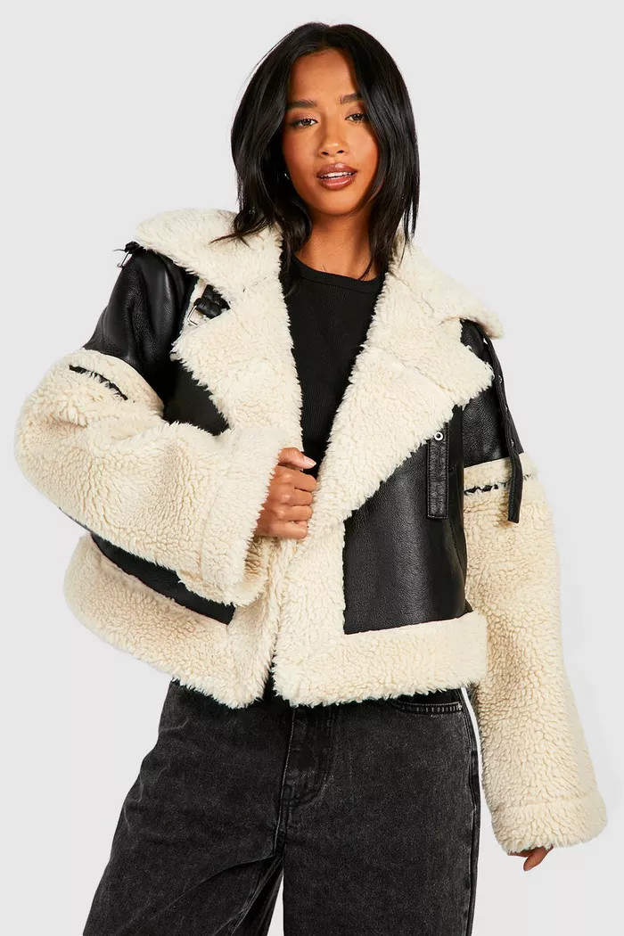 Petite Shearling Trim Cropped Aviator Jacket | boohoo (US & Canada)