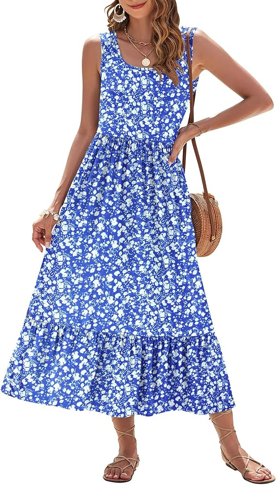 AUSELILY Womens Summer Dresses 2026 Sleeveless Maxi Dress Square Neck Casual Tiered Long Dress wi... | Amazon (US)