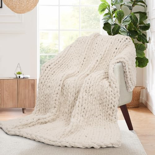 Touchat Chunky Knit Blanket, 60''*80'' Crochet Chenille Twin Blanket, Handmade Cozy Cream Cable Knit Blanket Boho Bedroom Decor, Soft Fluffy Beige Knot Blanket for Couch Bed | Amazon (US)