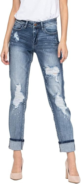 Judy Blue Destroyed Bleach Splattered Cuffed Boyfriend Jean (Style: 82169) | Amazon (US)