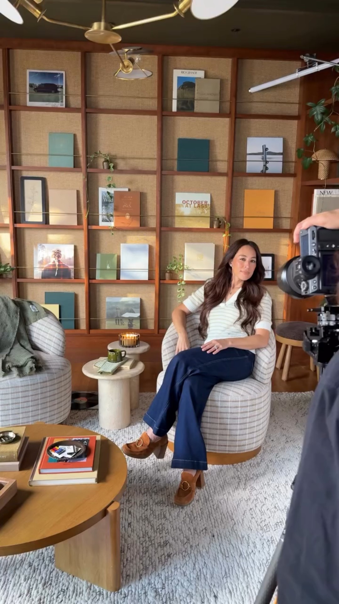  Joanna Gaines' stripe white polo short sleeve knit sweater top, dark high waist flare jeans buckle embellished suede loafer shoes