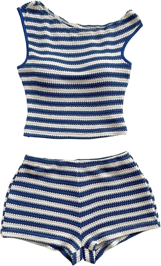 Amazon.com: SOLY HUX Women's 2 Piece Striped Off The Shoulder Crop Tops and Mini Shorts Set Summe... | Amazon (US)