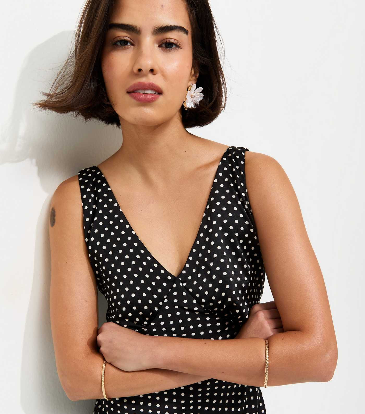 Black Spot Print Satin V-Neck Midi Dress | New Look | New Look (UK)