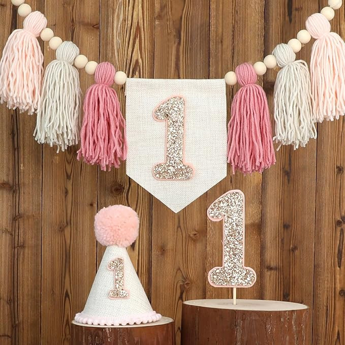 Pink Baby Girl 1st Birthday Highchair Wood Bead Tassel Garland Conical Cap Bling Cake Topper | Amazon (US)