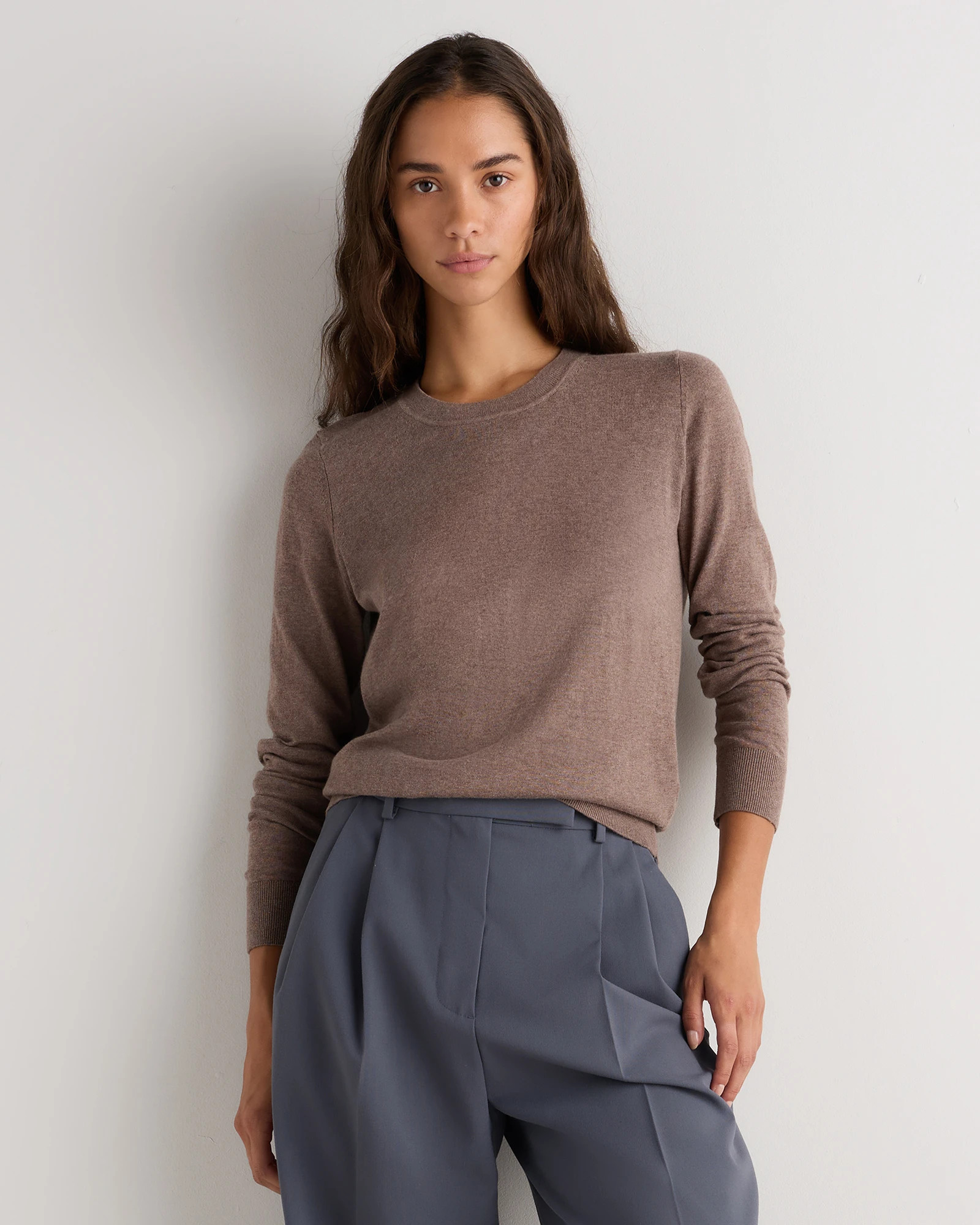 Lightweight Cotton Cashmere Crew Sweater in Heathered Mink Taupe | Quince