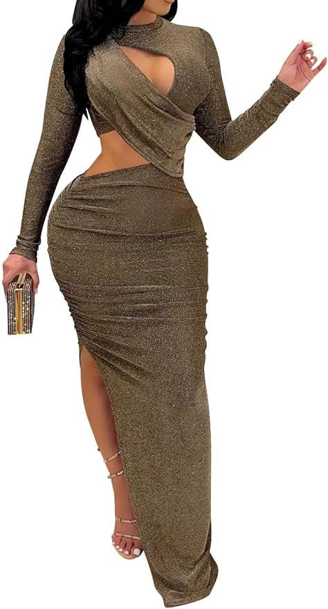 Women's Sexy Ruched Long Sleeve Bodycon Dress Cut Out Solid Color Basic Fitted Elegant Midi Dress... | Amazon (US)