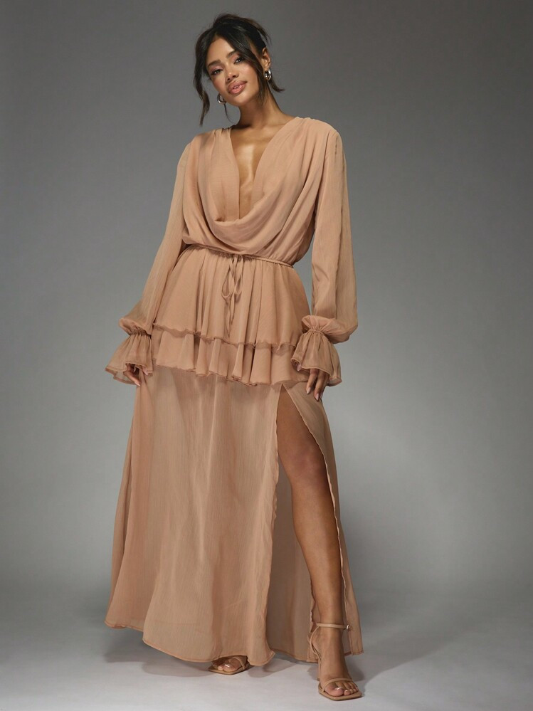 MISSGUIDED Elegant Cowl Neck Maxi Dress Sheer Long Sleeve Empire Waist Ruffle Evening Gown Party Wedding Guest Holiday Spring Summer | SHEIN