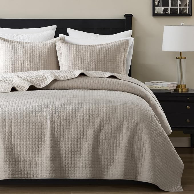 WDCOZY 100% Cotton King Size Quilt Set - Beige Box Pick Stitch Soft Lightweight Bedspread, Textur... | Amazon (US)