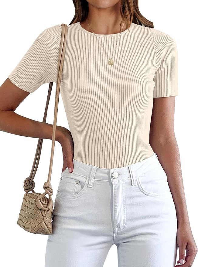 ANRABESS Womens Crewneck Short Sleeve Tops Ribbed Knit Slim Fit T Shirts 2024 Summer Casual Basic... | Amazon (US)