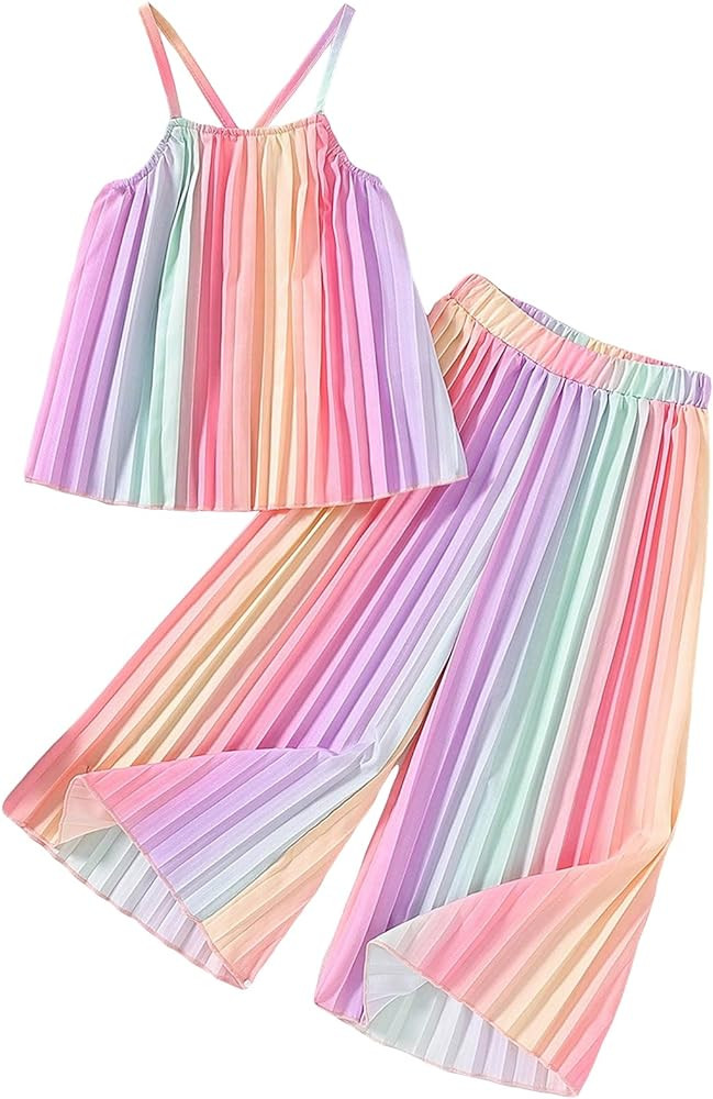Girl's 2 Piece Cute Outfits Rainbow Outfit Pleated Spaghetti Strap Crop Top and Wide Leg Pants Se... | Amazon (US)