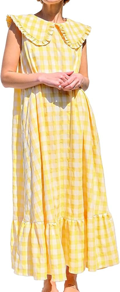 HOULENGS Women's Summer Plaid Sleeveless Maxi Dress Casual Ruffle Flowy A-Line Beach Gingham Long... | Amazon (US)