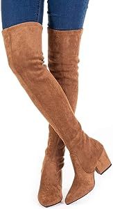 Mtzyoa Thigh High Block Heel Boot Women Pointed Toe Stretch Over The Knee Boots | Amazon (US)
