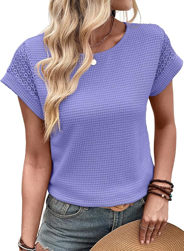 Dokotoo Womens Summer Tops 2026 Waffle Knit Lace Hollow Out Short Sleeve T-Shirts Crewneck Casual... | Amazon (US)