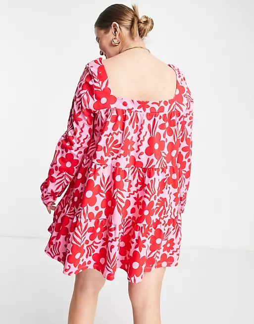 ASOS DESIGN Curve tiered square neck smock mini dress in red and pink floral | ASOS (Global)