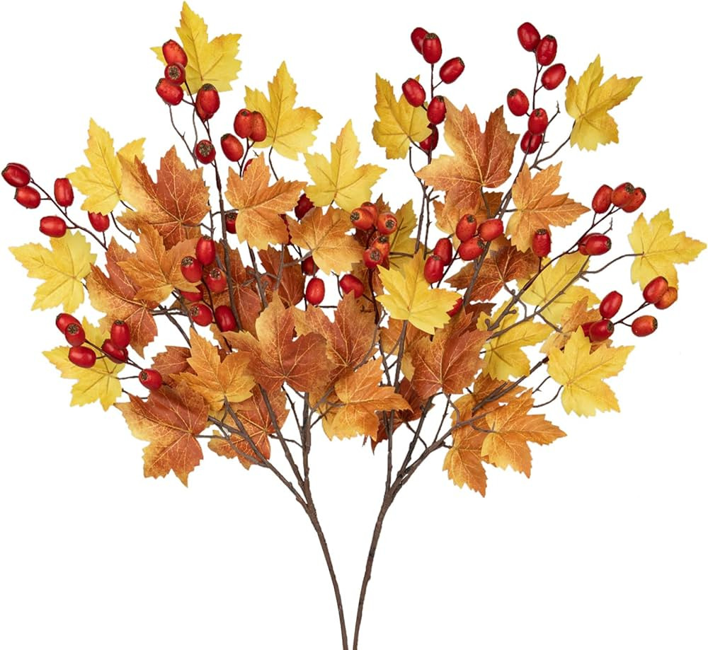 2PCS Artificial Stems Fake Berry Maple Leaves Spray, 26" Fall Leaves with Red Berries Faux Greene... | Amazon (US)