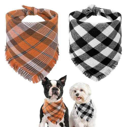 SCENEREAL Fall Dog Bandanas for Large Medium Small Dogs, Halloween Pet Scarf Plaid Pattern with Tassels, Reversible Holiday Orange Buffalo Puppy Cats Autumn Bandana, Adjustable Pet Bib Triangle L | Amazon (US)
