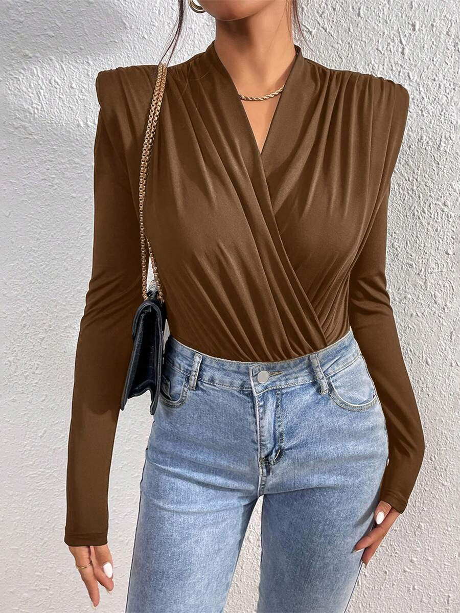 Firerie Women's Solid Color Overlap V-Neck Long Sleeve Pleated Bodysuit | SHEIN