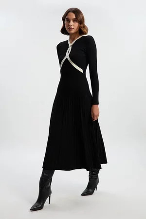 Rib Knit Trim Detail Full Skirt Midi Dress | Karen Millen UK + IE + DE + NL