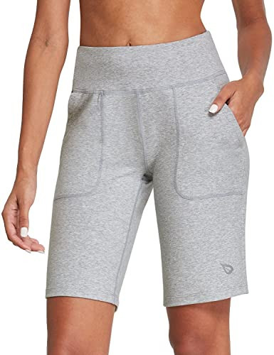 baleaf Women's Bermuda Long Shorts 10" Knee Length High Rise Athletic Shorts with Pockets Pull On Workout Walking Running Summer Light Gray M | Amazon (US)