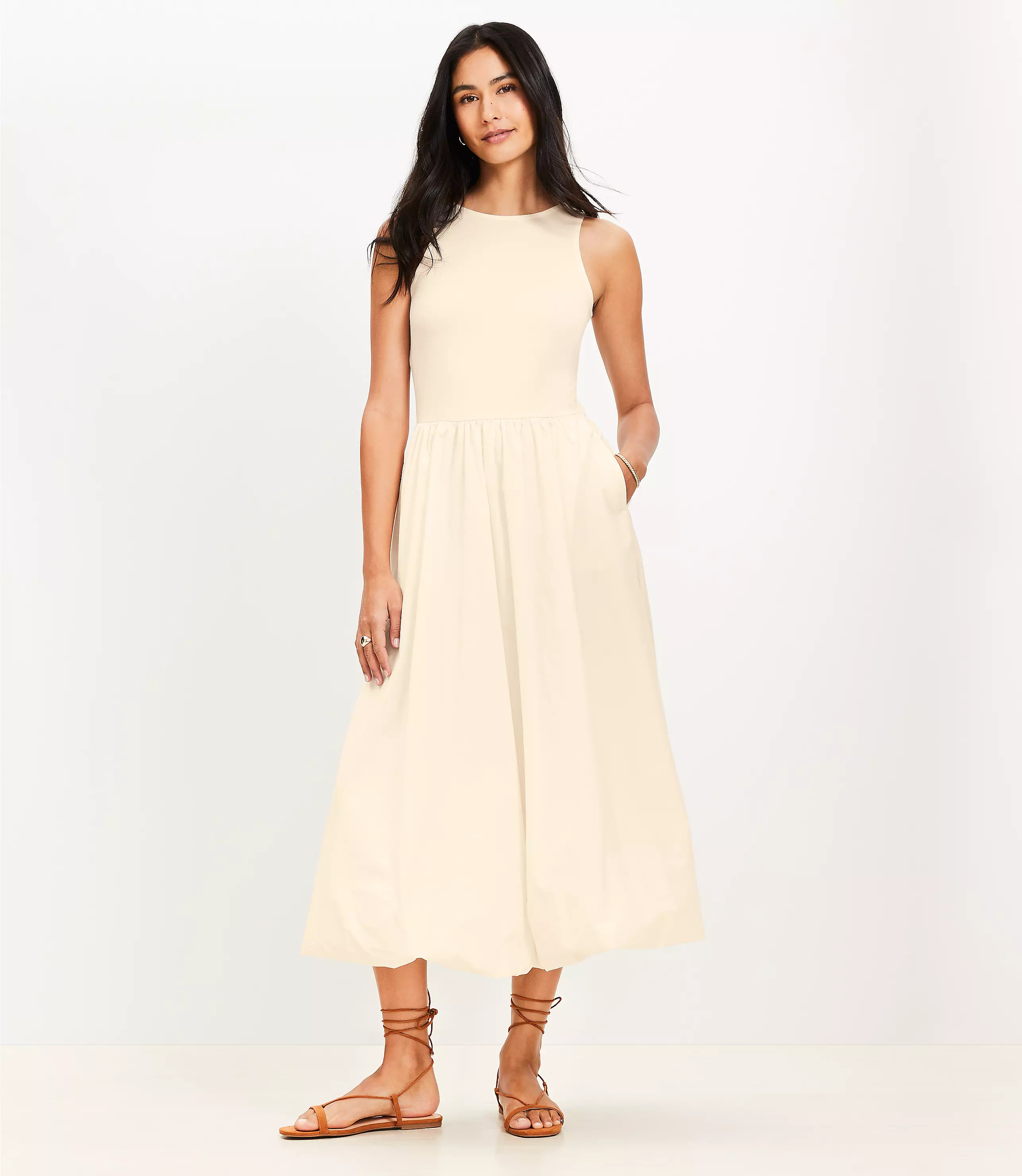 Poplin Bubble Mixed Media Midi Dress | LOFT