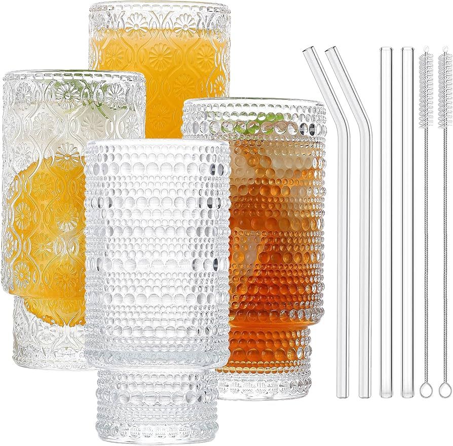 WISIMMALL Vintage Drinking Glasses Set of 4 with Straw 12OZ Aesthetic Highball Glasses Stackable ... | Amazon (US)