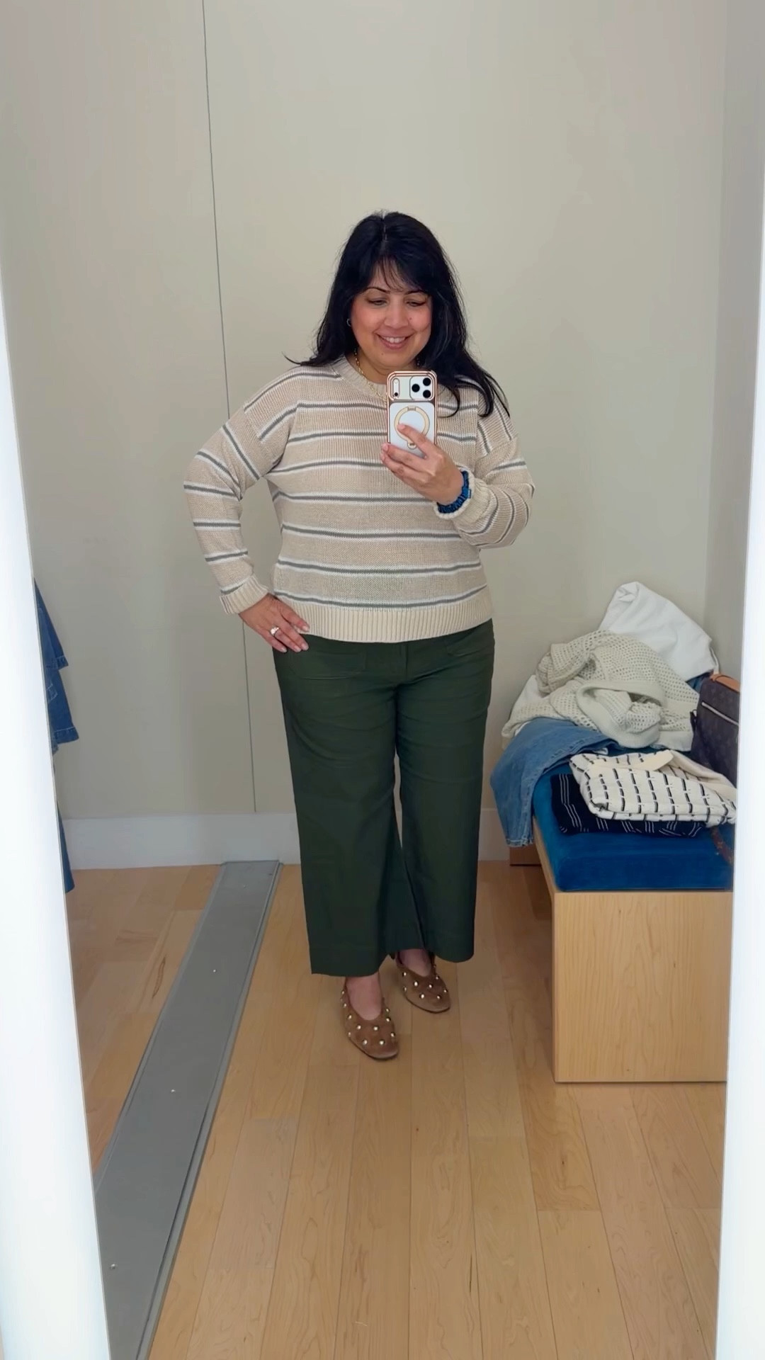 Spring Outfits 2026! Loving this lightweight striped linen sweater for spring and summer! Perfect for warm weather and can be worn with pants , jeans or shorts and can also be draped over your shoulders! On sale 25% off right now! 

Madewell striped linen sweater size large. Anthropologie Colette pants size 32 Petite. Madewell ballet flats no longer available on this studded style but linked a look for less from Amazon. Kendra Scott necklace.

#LTKMidsize #LTKPetite #LTKSaleAlert