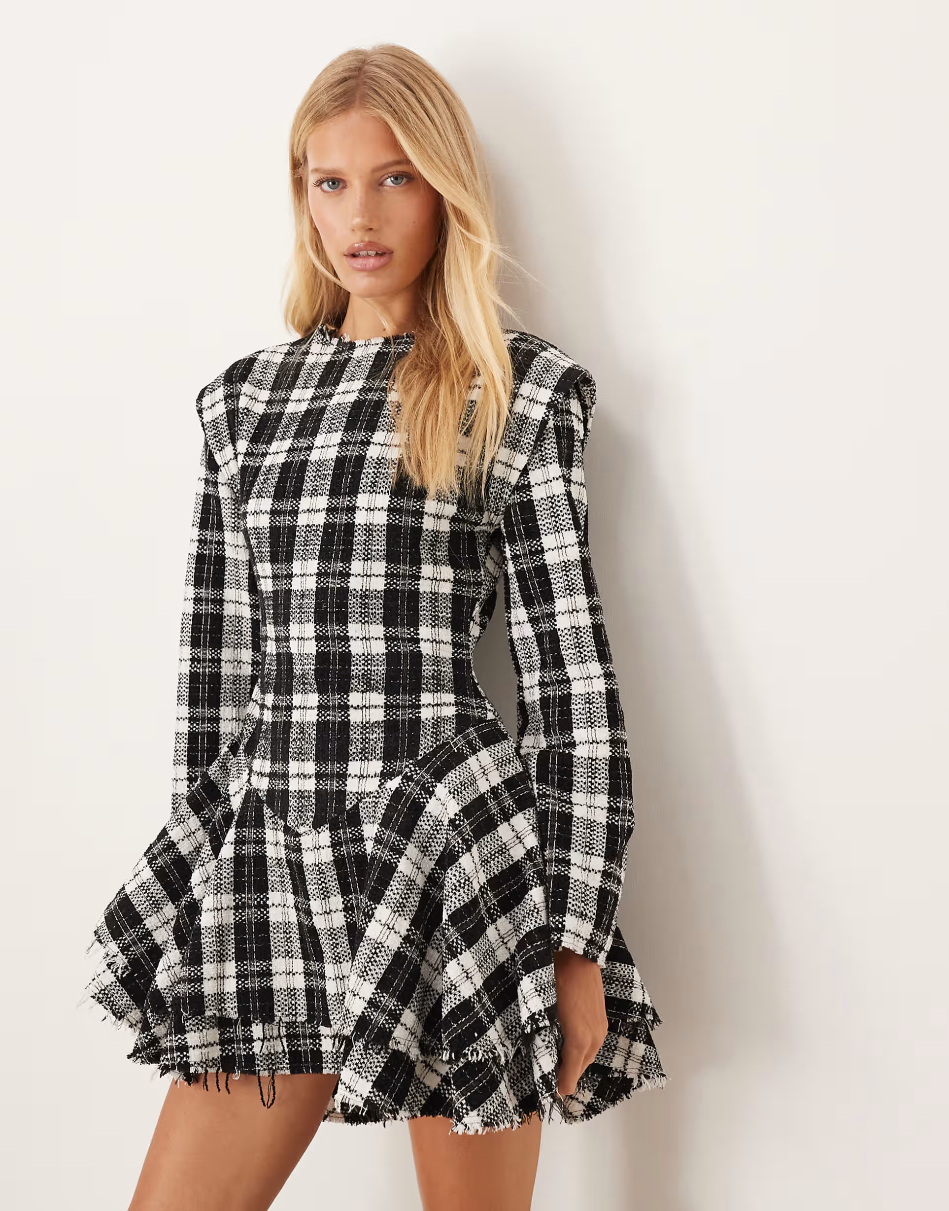 ASOS DESIGN slash neck dropped waist mini dress with distressed hem in check | ASOS (Global)