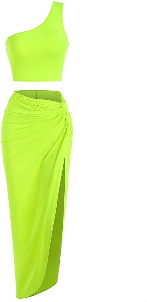 ZAFUL Women's Casual Sleeveless Summer Two Piece Outfits Crop Top and Side Split Draped Ruched Ma... | Amazon (US)