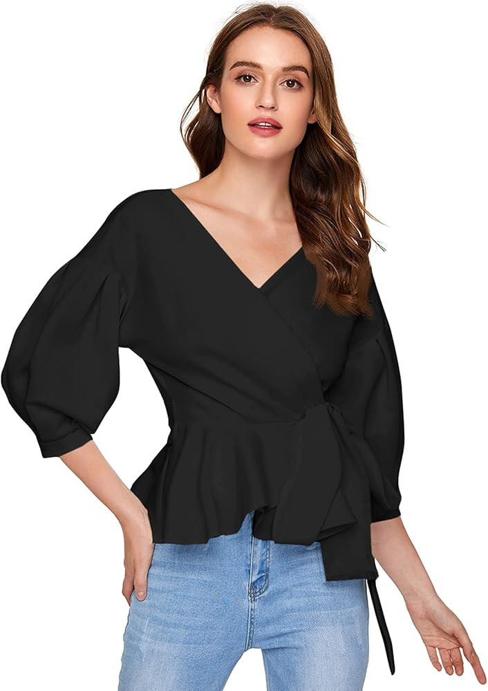 SheIn Women's Long Sleeve V Neck Ruffle Blouse Off Shoulder Tie Waist Wrap Tops | Amazon (US)