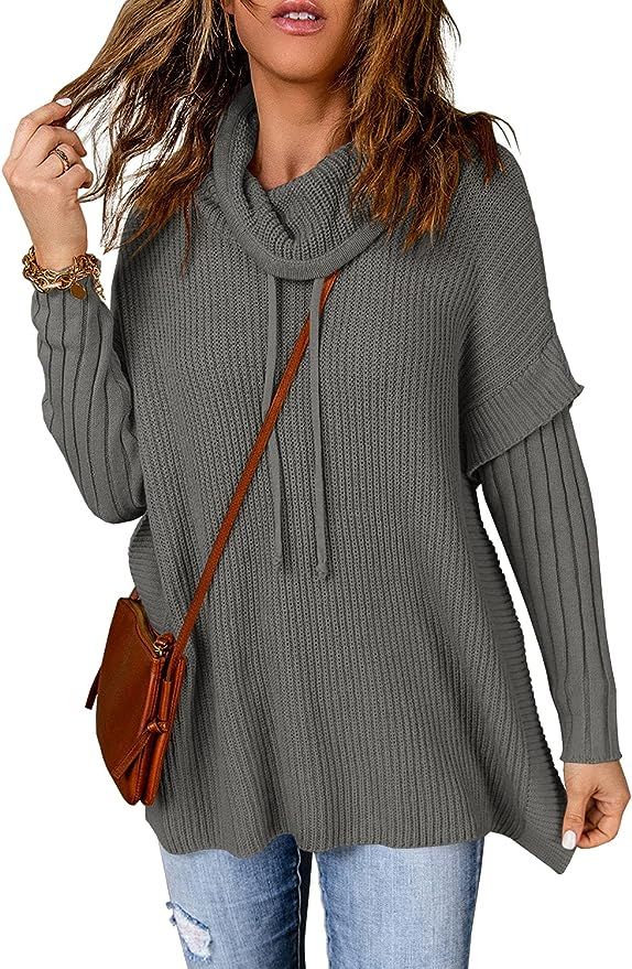 Lveberw Women's Cowl Neck Long Sleeve Pullover Sweaters Turtleneck Casual Patchwork Sleeve Knit J... | Amazon (US)